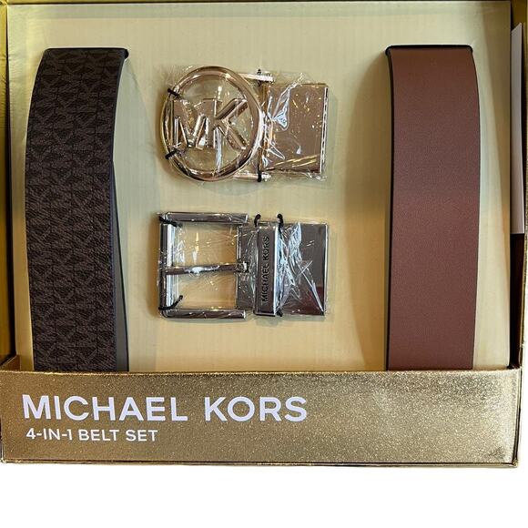 Michael Kors 4 in 1 Faux Leather Belt Set Brown Gold Silver - Picture 1 of 7